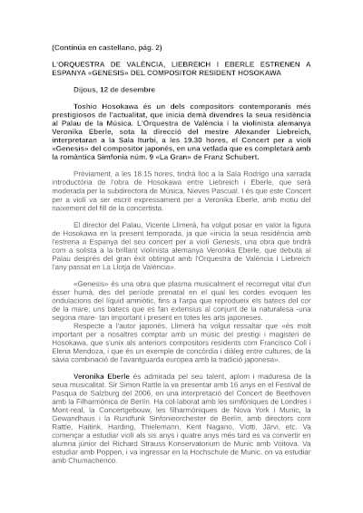La Orquesta de València presenta "Genesis" de Hosokawa, bajo la dirección de Liebreich y con la participación de Eberle.