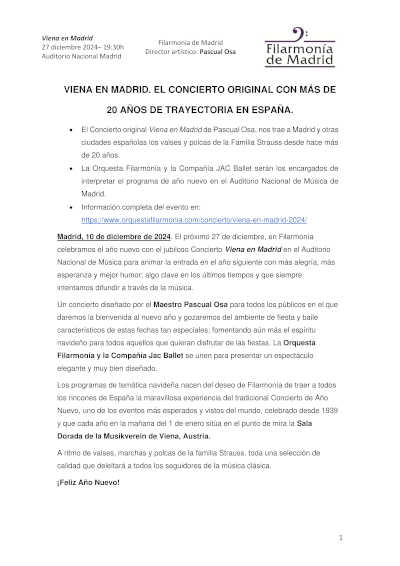 Año Nuevo con el Concierto Viena en Madrid. La Orquesta Filarmonía en el escenario del Auditorio Nacional de Música.