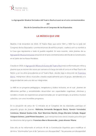 La Agrupación Musical Inclusiva del Teatro Real ofrecerá un concierto en el Congreso de los Diputados, promoviendo la diversidad y la inclusión a través de la música.