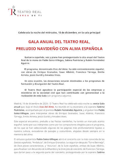 Sexta Gala anual del Teatro Real con un impresionante programa de música española y apoyo a proyectos filantrópicos.