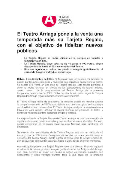 El Teatro Arriaga pone a la venta una temporada más su Tarjeta Regalo, con el objetivo de fidelizar nuevos públicos El Teatro Arriaga pone a la venta una temporada más su Tarjeta Regalo, con el objetivo de fidelizar nuevos públicos