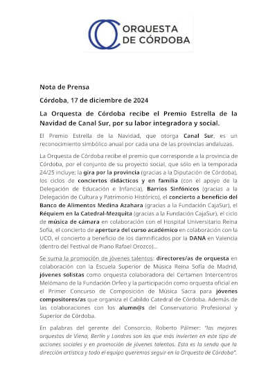 La Orquesta de Córdoba recibe el Premio Estrella de la Navidad de Canal Sur, por su labor integradora y social