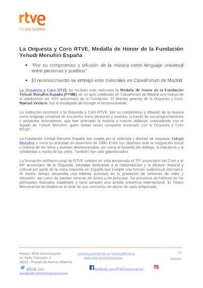 Orquesta y Coro RTVE, reconocidos con la Medalla de Honor de la Fundación Yehudi Menuhin España..