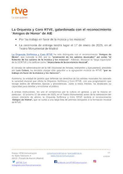 La Orquesta y Coro RTVE, galardonada con el reconocimiento «Amigos de Honor» de AIE La Orquesta y Coro RTVE, galardonada con el reconocimiento «Amigos de Honor» de AIE