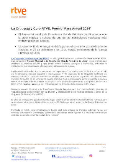 Excelencia de la Orquesta y Coro RTVE, premiados con el "Pare Antoni 2024" por la Banda Primitiva de Llíria. Un viaje musical inolvidable.