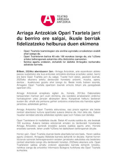 El Teatro Arriaga pone a la venta una temporada más su Tarjeta Regalo, con el objetivo de fidelizar nuevos públicos El Teatro Arriaga pone a la venta una temporada más su Tarjeta Regalo, con el objetivo de fidelizar nuevos públicos