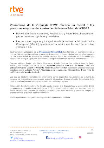 Músicos voluntarios de la Orquesta RTVE ofrecen un emotivo concierto en residencia de día ASISPA en Madrid. Músicos voluntarios de la Orquesta RTVE ofrecen un emotivo concierto en residencia de día ASISPA en Madrid.
