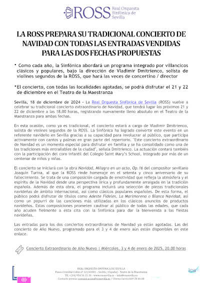 Concierto Extraordinario de Navidad de la ROSS en el Teatro de la Maestranza. Un evento tradicional navideño para todas las edades.