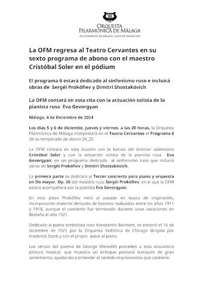 La OFM regresa al Teatro Cervantes con su sexto programa de abono, dirigido por el maestro Cristóbal Soler. La OFM regresa al Teatro Cervantes con su sexto programa de abono, dirigido por el maestro Cristóbal Soler.