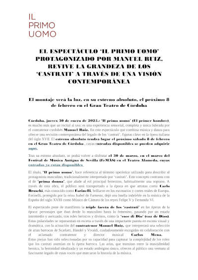 "Il primo uomo" te invita a explorar la grandeza de los castrati a través de una perspectiva moderna. Un espectáculo que fusiona historia y arte contemporáneo.
