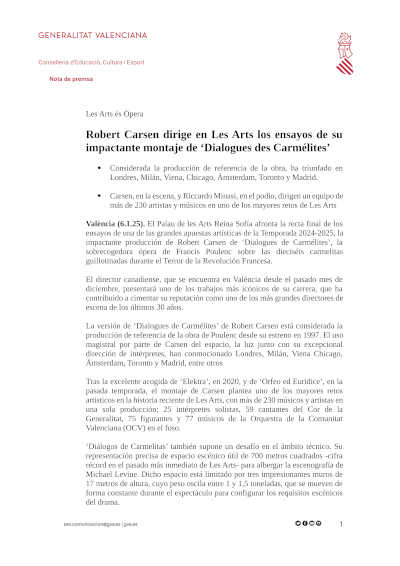 Dialogues des Carmélites El Palau de les Arts Reina Sofía. Dirección escénica de Robert Carsen e imponente escenografía de Michael Levine.