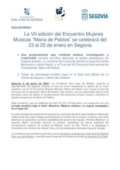 La Fundación Don Juan de Borbón presenta el VII Encuentro Mujeres Músicas “María de Pablos”, un evento que resalta el legado de María de Pablos y el arte musical femenino.