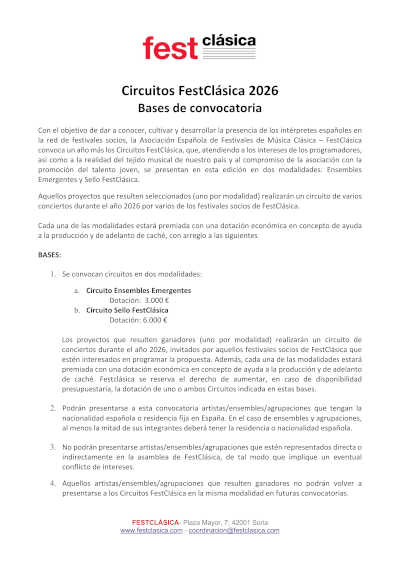 FestClásica abre la convocatoria de sus Circuitos 2026 con emocionantes novedades. Eeste prestigioso programa ofrece una plataforma única para intérpretes y ensembles.