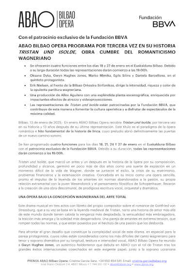 Tristan und Isolde, la obra maestra de la ópera romántica. Funciones exclusivas en el Euskalduna Bilbao con el apoyo de la Fundación BBVA.