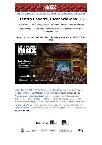 El 16 de junio de 2025 se celebrarán los 28º Premios Max en Pamplona. Disfruta del talento y la creatividad escénica.