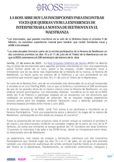 La ROSS abre inscripciones para encontrar voces que interpreten la Novena de Beethoven en el Teatro Maestranza.