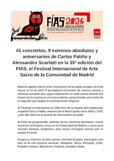 La 35ª edición del FIAS te espera con 41 conciertos y 9 estrenos absolutos, homenajeando a Carlos Patiño y Alessandro Scarlatti.