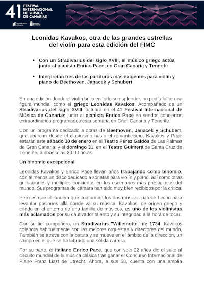 Leonidas Kavakos, destacado violinista, brilla en la edición del FIMC. Acompáñanos para disfrutar de su talento excepcional y su música cautivadora.