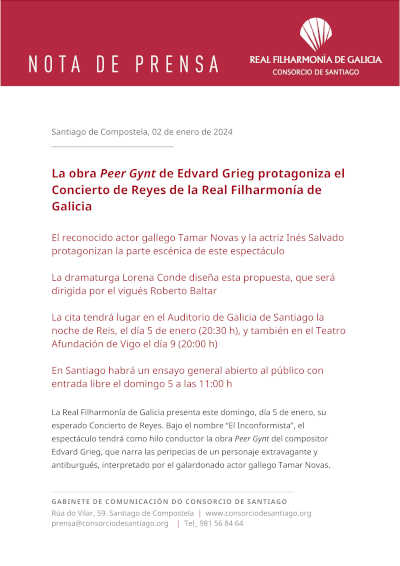 Concierto de Reyes 'El Inconformista' de la Real Filharmonía de Galicia, centrado en la obra 'Peer Gynt' de Edvard Grieg. Concierto de Reyes 'El Inconformista' de la Real Filharmonía de Galicia, centrado en la obra 'Peer Gynt' de Edvard Grieg.
