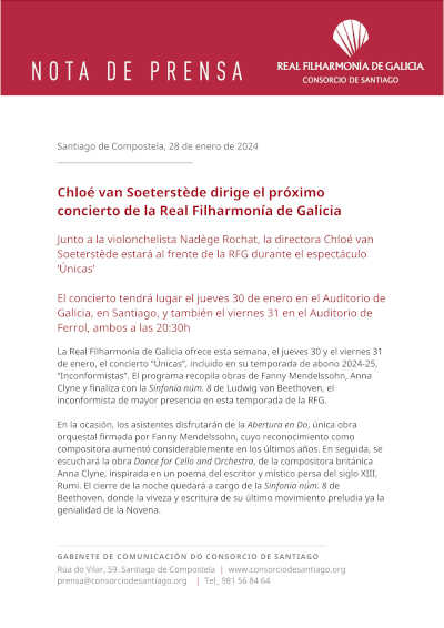 Chloé van Soeterstède lidera el próximo concierto de la Real Filharmonía de Galicia, ofreciendo una experiencia musical única e inolvidable.