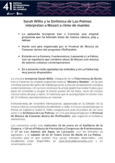 Descubre el concierto 'Mozart & Mambo' con Sarah Willis y la Orquesta Sinfónica de Las Palmas en el 41º Festival de Música de Canarias.