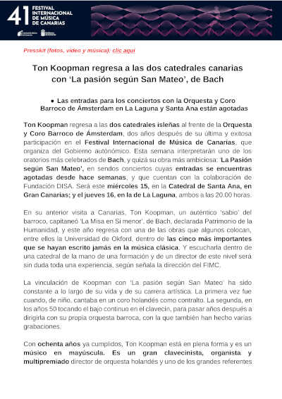 Ton Koopman regresa al FIMC con La Pasión según San Mateo de Bach. Dos conciertos imperdibles en Gran Canaria y Tenerife.
