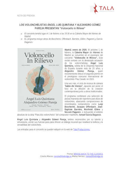 "Violoncello in Rilievo" es la innovadora propuesta de Ángel Luis Quintana y Alejandro Gómez.