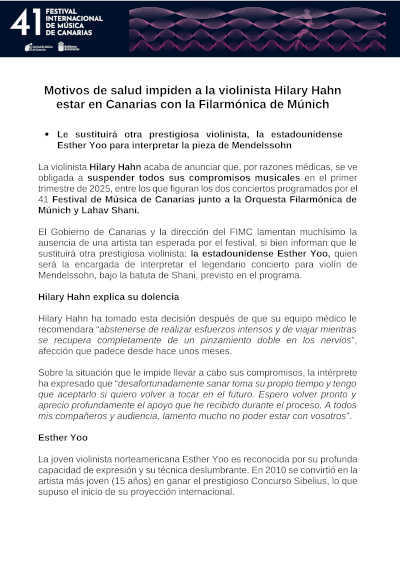 Esther Yoo sustituirá a Hilary Hahn en el Festival de Música de Canarias debido a razones médicas, en el concierto para violín de Mendelssohn junto a la Orquesta Filarmónica de Múnich.