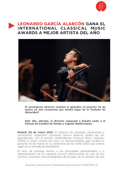 Leonardo García Alarcón ha sido galardonado con el International Classical Music Awards como Mejor Artista del Año, un reconocimiento a su excepcional talento musical.