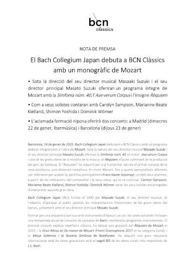 Bach Collegium Japan interpretando la obra maestra de Mozart: el Réquiem. Un concierto imperdible para los amantes de la música clásica.