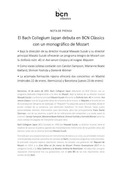 Bach Collegium Japan interpretando la obra maestra de Mozart: el Réquiem. Un concierto imperdible para los amantes de la música clásica.