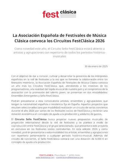 FestClásica abre la convocatoria de sus Circuitos 2026 con emocionantes novedades. Eeste prestigioso programa ofrece una plataforma única para intérpretes y ensembles.