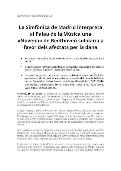 Concierto solidario en el Palau de la Música: Orquesta Sinfónica de Madrid interpreta la Sinfonía nº 9 «Coral» de Beethoven para apoyar a los afectados por la DANA.