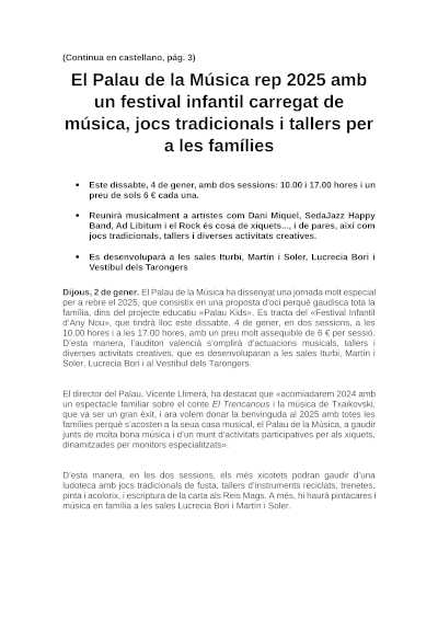 «Festival Infantil de Año Nuevo» en el Palau de la Música. Actividades creativas, música en directo y diversión para toda la familia.