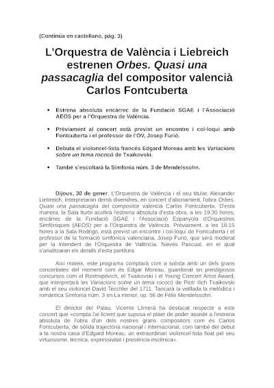 La Orquesta de València y Liebreich presentan "Orbes", una innovadora passacaglia del compositor valenciano Carlos Fontcuberta. La Orquesta de València y Liebreich presentan "Orbes", una innovadora passacaglia del compositor valenciano Carlos Fontcuberta.