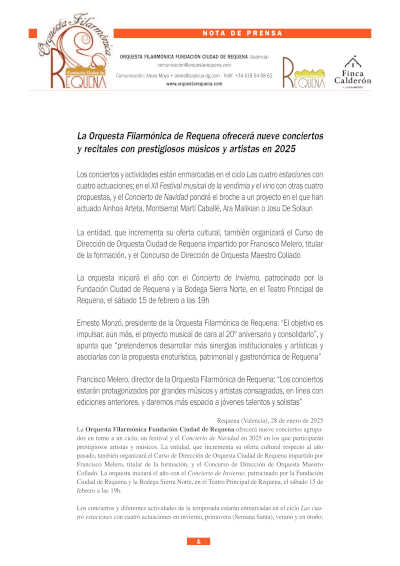 La Orquesta Filarmónica de Requena presentará en 2025 una serie de nueve conciertos y recitales con destacados músicos y artistas de renombre internacional.
