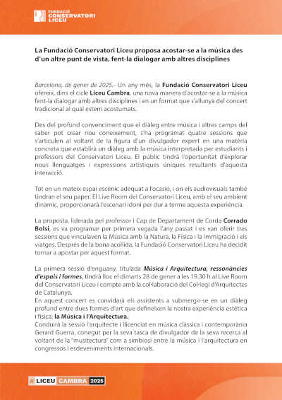 La Fundació Conservatori Liceu ofrece una nueva perspectiva de la música, promoviendo el diálogo entre esta y diversas disciplinas artísticas y culturales.