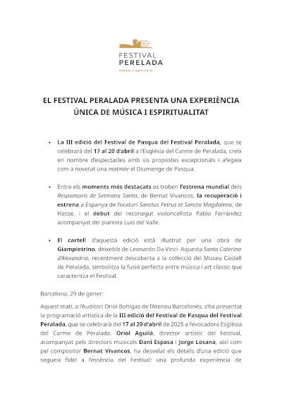 El Festival de Pascua de Peralada te invita a disfrutar de una experiencia única que fusiona música y espiritualidad. El Festival de Pascua de Peralada te invita a disfrutar de una experiencia única que fusiona música y espiritualidad.
