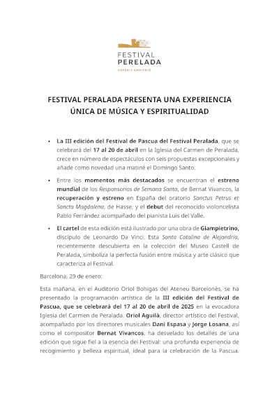 El Festival de Pascua de Peralada te invita a disfrutar de una experiencia única que fusiona música y espiritualidad. El Festival de Pascua de Peralada te invita a disfrutar de una experiencia única que fusiona música y espiritualidad.