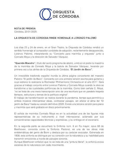 La Orquesta de Córdoba rinde homenaje a Lorenzo Palomo, celebrando su legado musical con un programa excepcional.