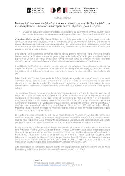 Más de 900 jóvenes menores de 30 años participan en el ensayo general de "La traviata", una innovadora iniciativa de la Fundación Baluarte.