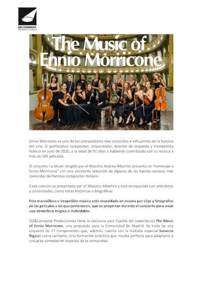 Homenaje a Ennio Morricone con Le Muse, Susanna Rigacci y Andrea Albertini. Disfruta de sus melodías inolvidables del cine en vivo.