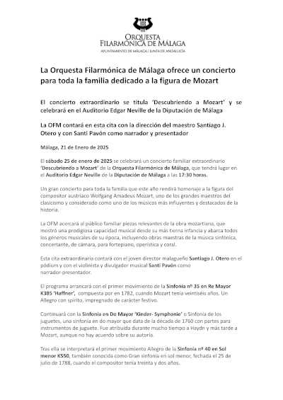 Conoce la música de Mozart a través del concierto familiar de la Orquesta Filarmónica de Málaga.