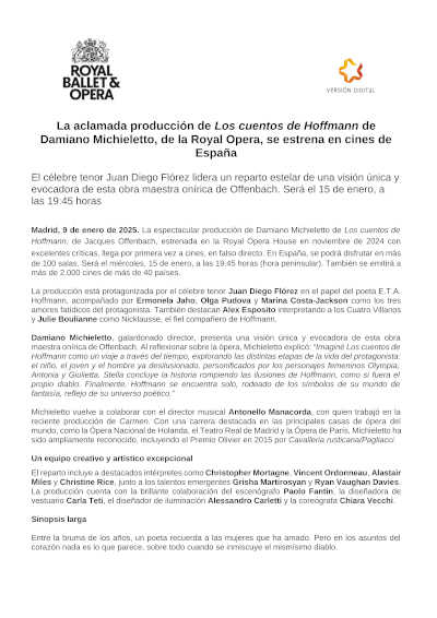 Los cuentos de Hoffmann en cines. Con Juan Diego Flórez en el papel principal. Una adaptación que te transportará a un mundo de música y emociones.