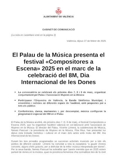 El Palau de la Música acoge el festival «Compositoras a Escena» 2025, un homenaje a las compositoras en el contexto del 8M.