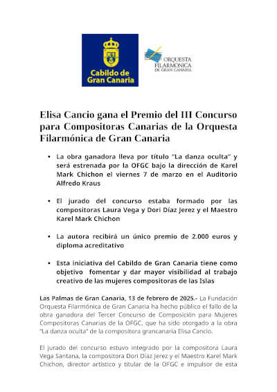 Elisa Cancio triunfa en el III Concurso para Compositoras Canarias de la Orquesta Filarmónica de Gran Canaria.
