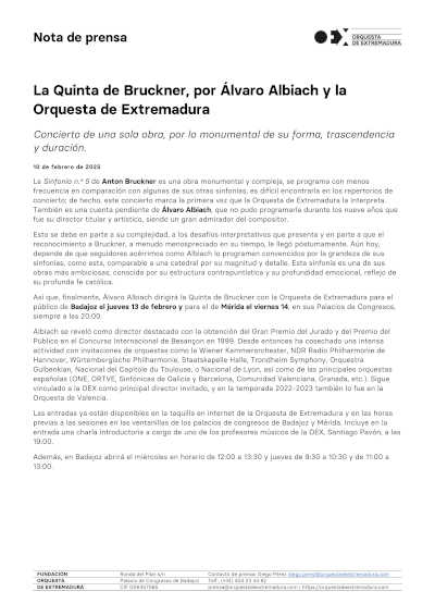 La Quinta de Bruckner, dirigida por Álvaro Albiach y la Orquesta de Extremadura, ofrece una experiencia musical única.