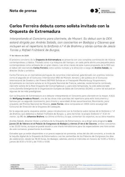 Carlos Ferreira debuta como solista invitado con la Orquesta de Extremadura, ofreciendo una experiencia musical única.
