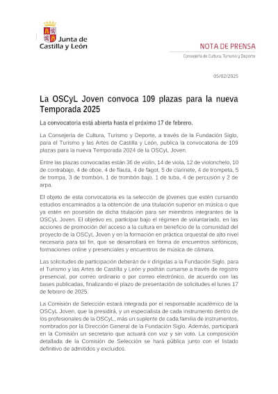 La OSCyL Joven lanza la convocatoria para 109 plazas en la Temporada 2025. Únete a un entorno profesional y enriquecedor.