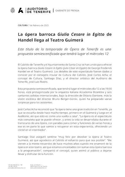 La ópera barroca "Giulio Cesare in Egitto" de Handel se presenta en el Teatro Guimerá. Una experiencia inolvidable llena de emoción y arte.
